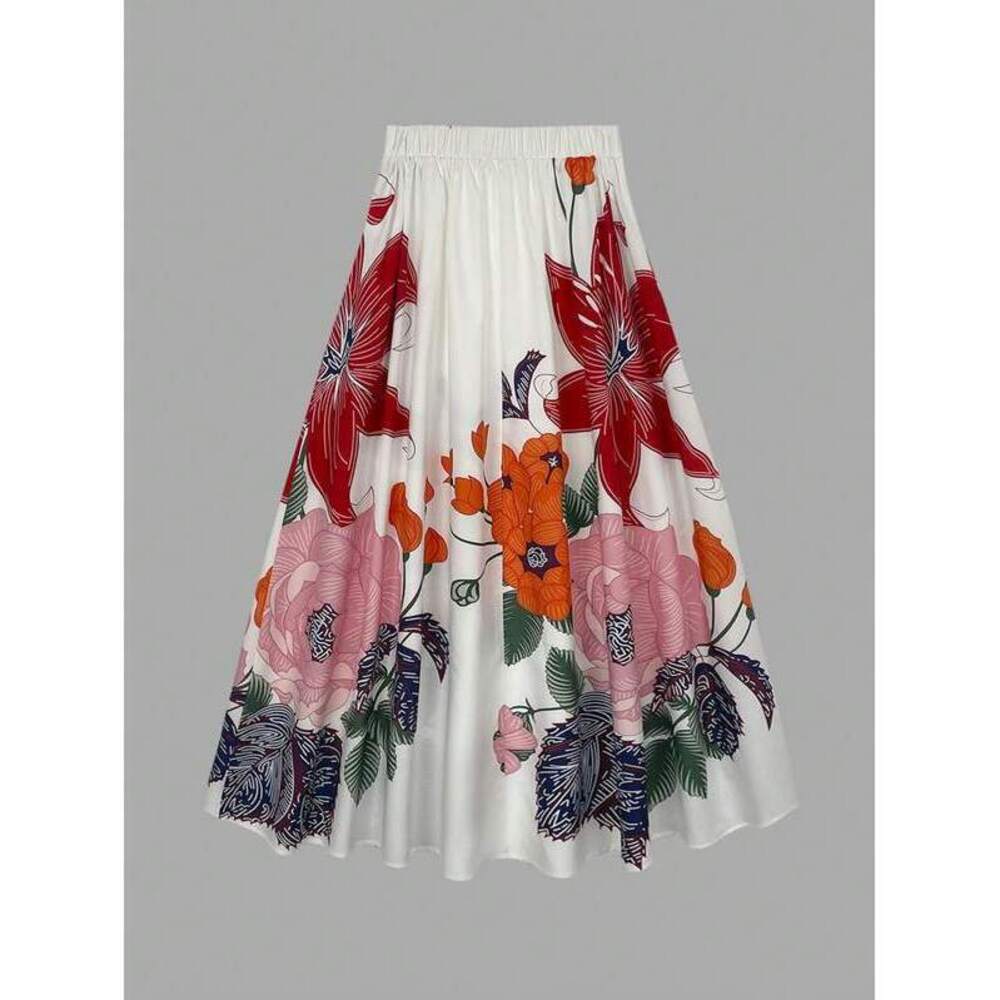 Spring And Summer New Artistic Floral Print Skirt, Light Purple Satin High-Waist - Picture 3 of 4